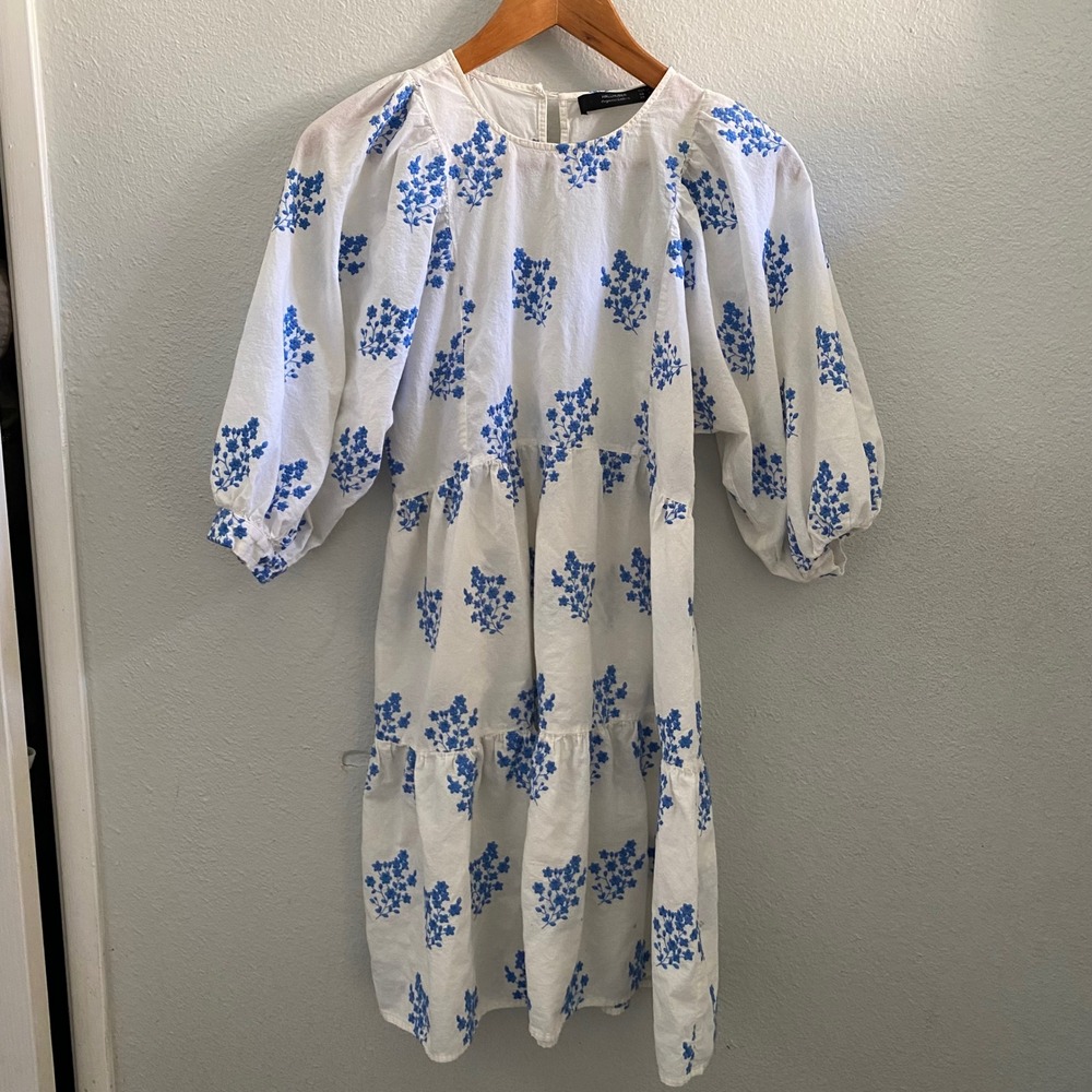 Hallhuber Organic Cotton White Blue Floral Embroidered Puff Sleeve Mini Dress